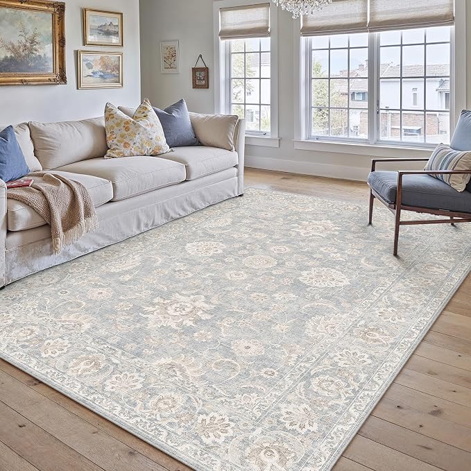 6x9 Blue Cream Washable Area Rug for Living Room Bedroom Neutral Floral Soft Non Slip Rug Medium Pile Thicker Distressed Carpet for Dining Room Nursery Office Indoor