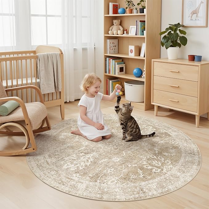 Madane Washable Round Rug 6ft for Living Room, Soft Ultra-Thin Non-Slip Vintage Floral Circle Area Rug, 6x6 Round Throw Carpet for Entryway Nursery Bedroom Kitchen Dining Room (Beige/Brown, 6'Round)