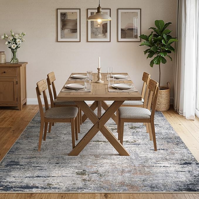 DMOYEST Area Rug Living Room Rugs - 7x9 Washable Large Soft Indoor Neutral Modern Abstract Low Pile Rug Carpet for Bedroom Dining Room Farmhouse Home Office - Blue/Grey/Brown
