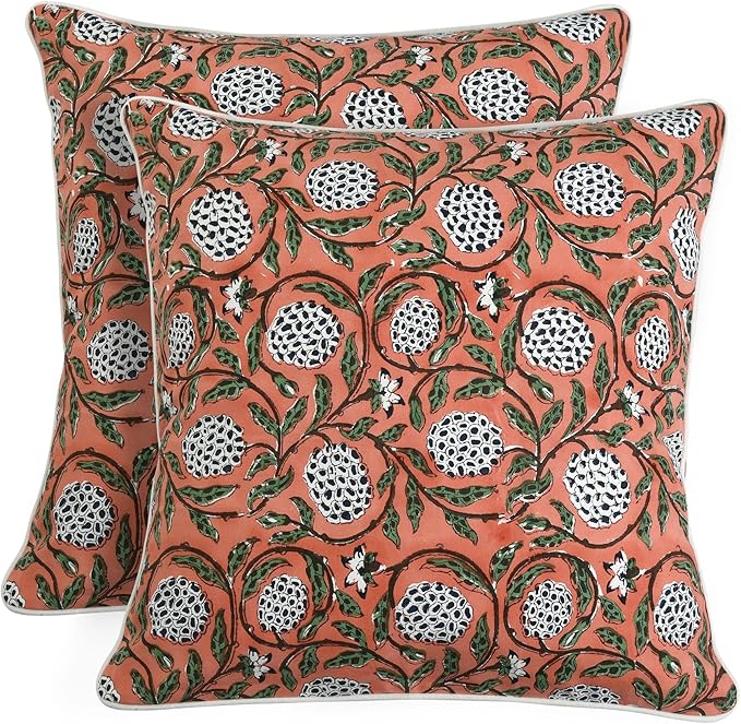 Ridhi Block Print Dark Salmon Pink Pillow Cover 24" x 24" (Pack of 2) Decorative Couch Pillows for Living Room, Chic Boho Cute Outdoor Pillows Covers Gifts for Spring, Easter and Valentine
