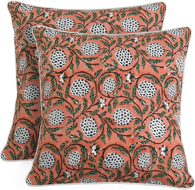 Ridhi Block Print Dark Salmon Pink Pillow Cover 18" x 18" (Pack of 2) Decorative Couch Pillows for Living Room, Chic Boho Cute Outdoor Pillows Covers Gifts for Spring, Easter and Valentine