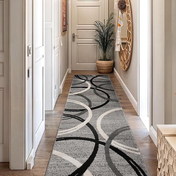 Rugshop Wavy Circles Non-Shedding Living Room Runner Rug Gray 2'7" x 12'