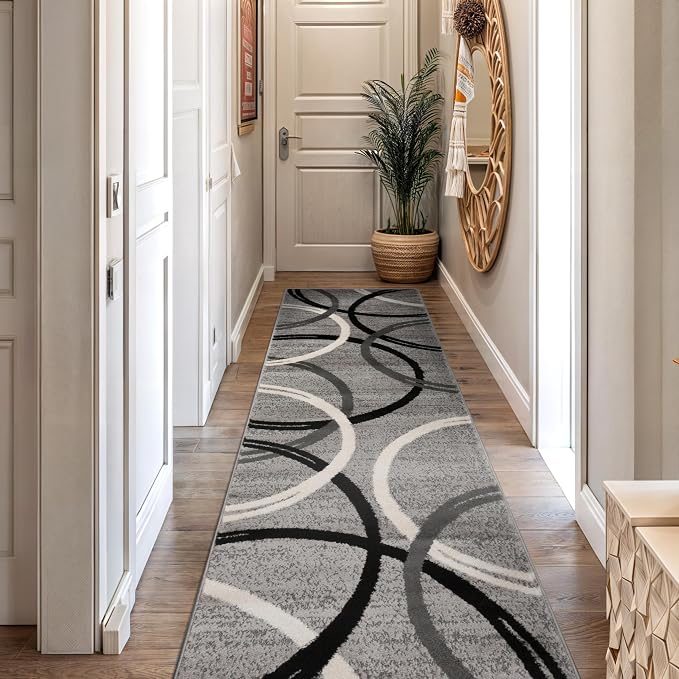 Rugshop Wavy Circles Jute Backing Living Room Runner Rug Gray 2'7" x 10'