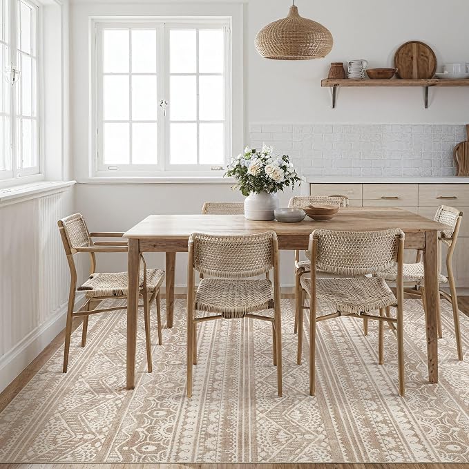 Tortania Area Rug Living Room Rugs - 6x9 Washable Large Soft Neutral Boho Moroccan Bohemian Farmhouse Rug Indoor Floor Carpet for Bedroom Under Dining Table Home Office Decor - Light Brown