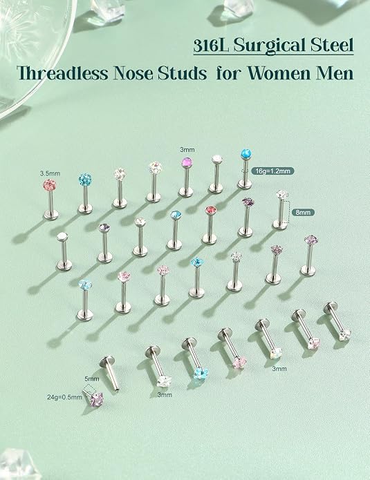 Nose Rings Studs Flat Back Earrings Hypoallergenic - Threadless Surgical Steel Nose Ring Studs Cartilage Earring Monroe Nostril Labret Medusa Tragus Conch Helix Piercing Jewelry for Women Men 28Pcs
