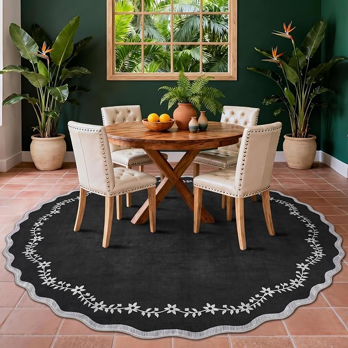 GarveeHome Large Round Rug 8ft Scalloped Washable Circle Living Room Rug | Soft Solid Black Non Slip Floral Print Floor Mat Carpet Indoor Thin Area Rug for Bedroom Dining Room Playroom Nursery