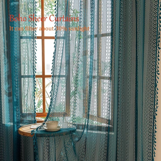 Sutuo Home Boho Lace Teal Curtains 96 inches Long for Living Room Bedroom, Semi Sheer Curtains Turquoise Farmhouse Privacy Crochet Vintage Tassels Window Decor Rod Pocket Decor, 2 Panels 50" W