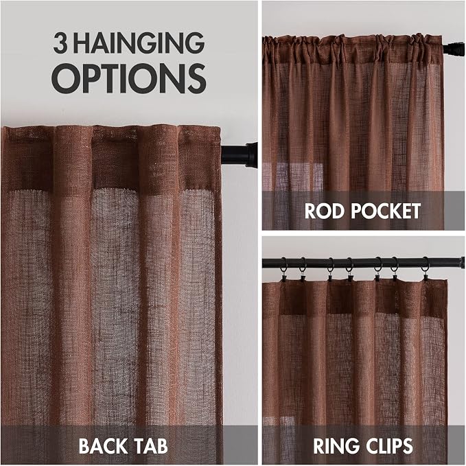 MIULEE Chocolate Brown Linen Curtains 54 Inch Length 2 Panels for Bedroom Living Room, Soft Thick Linen Textured Natural Short Window Drapes Semi Sheer Light Filtering Back Tab Rod Pocket