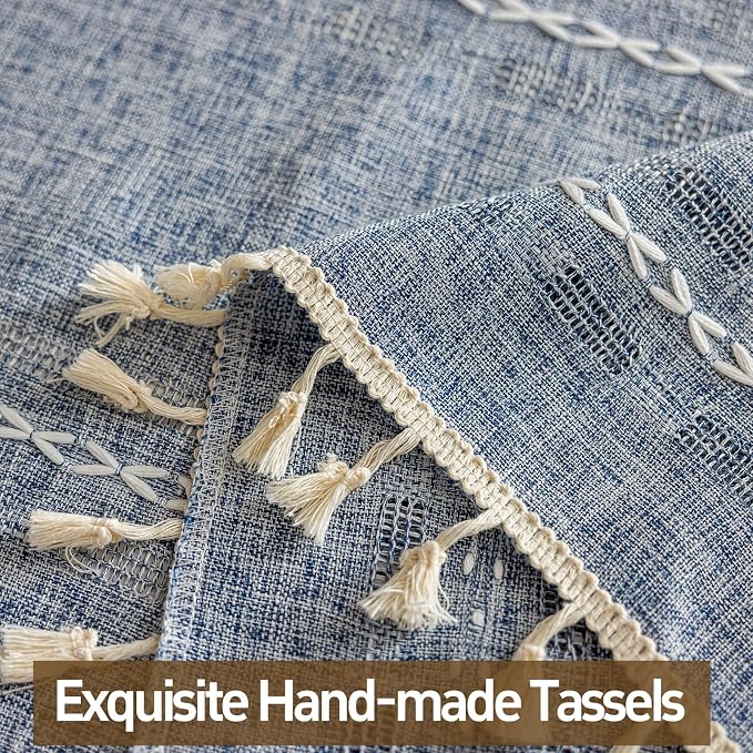Blue Boho Sheer Curtains 72 inches Long 2 Panels for Bedroom, Light filtering Semi Sheer Bohemian French Country Privacy Tassels Vintage Chic Embroidery Stripes Window Curtains Back Tab, 50" W