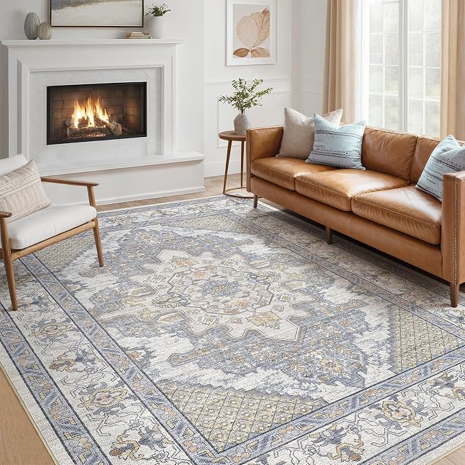 Tortania Area Rug Living Room Rugs - 12x15 Washable Boho Rug Vintage Oriental Distressed Farmhouse Large Thin Indoor Carpet for Living Room Bedroom Under Dining Table Home Office - Blue Beige