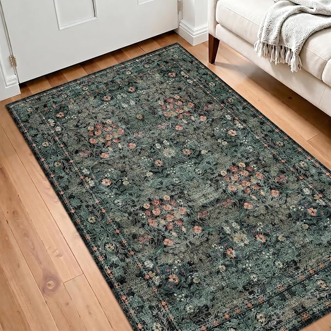 Large Moody 3x5 Rugs for Entryway Indoor, Dark Green Washable French Country Inspired Non Slip Area Rug for Dorm, Kitchen, Bedroom Bedside, Foyer, Laundry Room - Boho Distressed Floral Front Door Mat