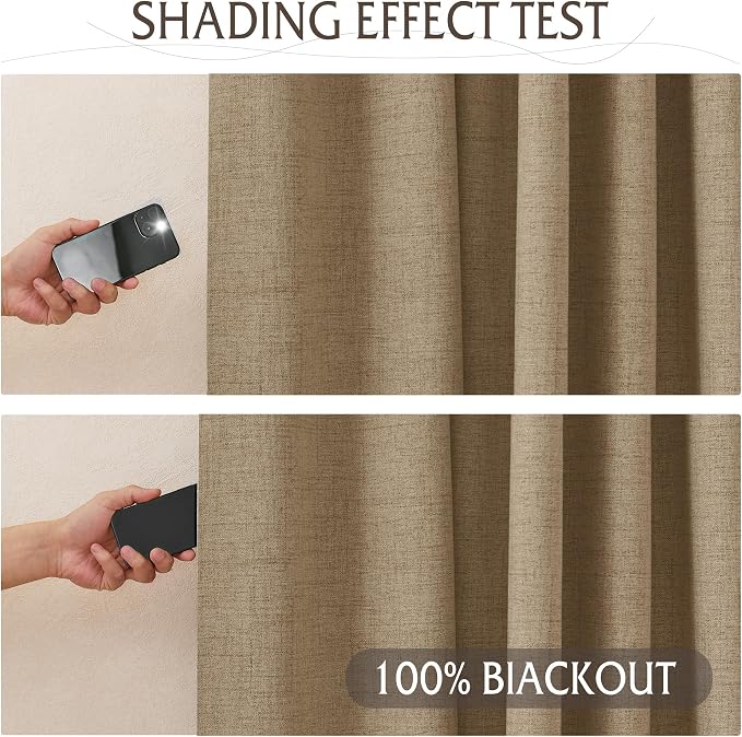 RYB HOME Pinch Pleated Back Tab Curtains Linen Textured 100% Blackout Curtains Thermal Insulated for Bedroom Living Room Bay Window Drapes, W 42 x L 90 inches, Burlap, 2 Panels