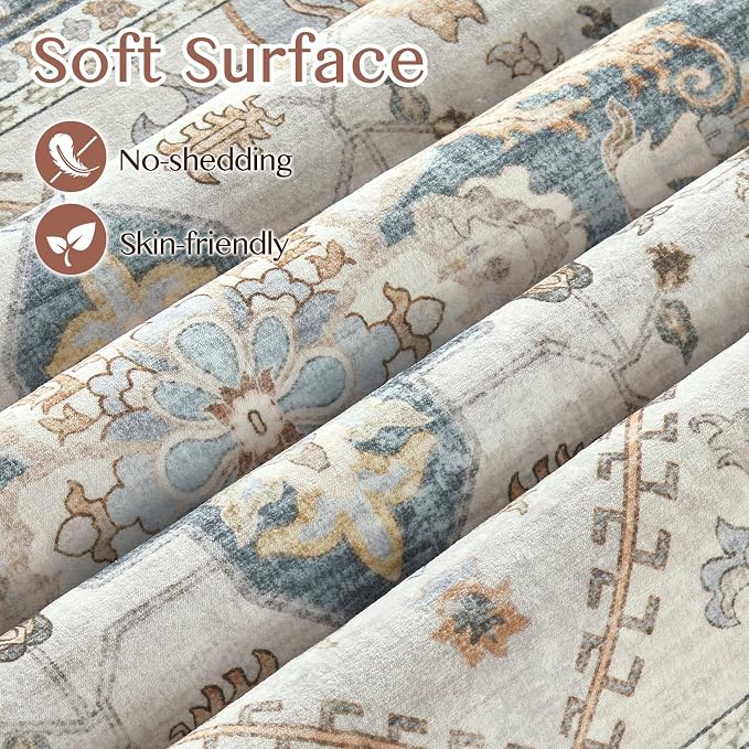 Tortania Area Rug Living Room Rugs - 9x12 Washable Boho Rug Vintage Oriental Distressed Farmhouse Large Thin Indoor Carpet for Living Room Bedroom Under Dining Table Home Office - TealTaupe