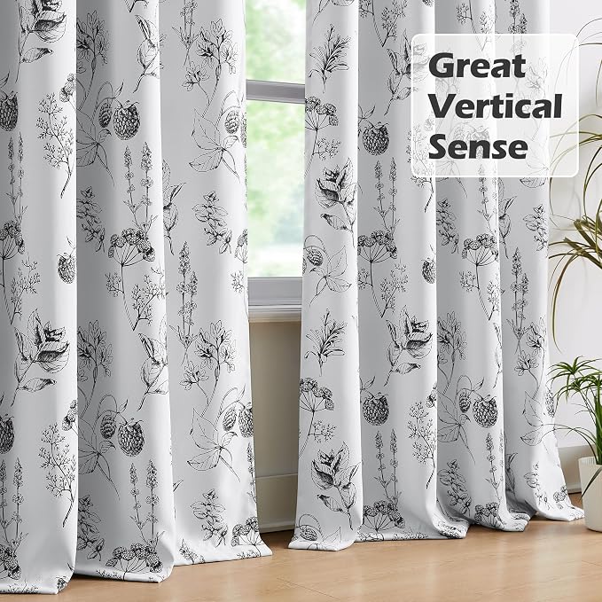 FMFUNCTEX 100% Blackout Black Floral Curtains 84 Inch Back Tab 2 Panels | Black Out Drapes, Thermal Insulated Cottage Farmhouse, Lichi Flower Patterned Curtain for Bedroom, Living Room Darkening