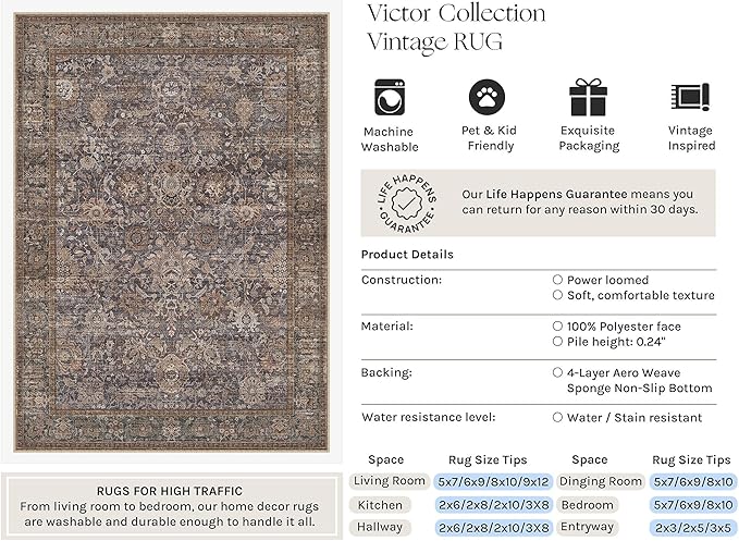 HUGEAR Area Rugs 5x7 Blue Brown Washable Rug for Living Room Bedroom Neutral Vintage Rug Carpet Distressed Soft Durable Non Slip No Shedding for Indoor Dining Nursery Farmhouse