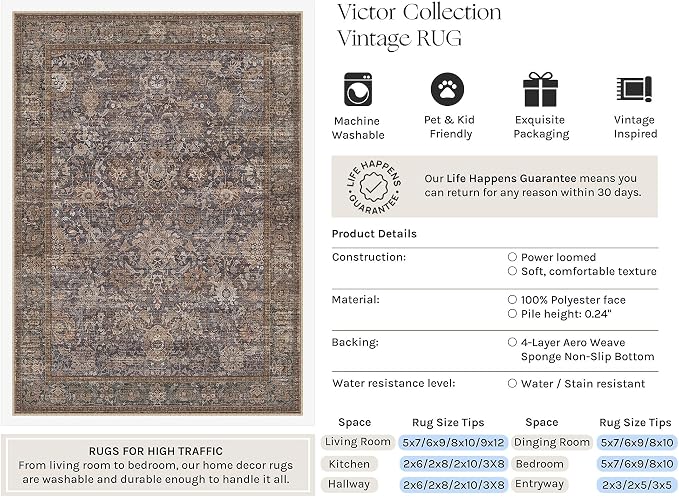 HUGEAR Entryway Rugs 2x3 Blue Brown Washable Rug Door Mat Neutral Vintage Rug Carpet Distressed Soft Durable Non Slip No Shedding for Indoor Bedroom Kitchen Dining Nursery Laundry