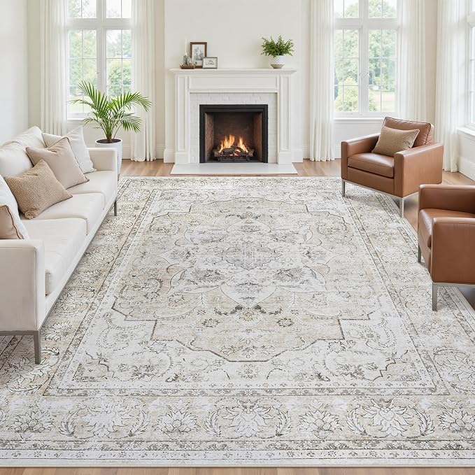 8x10 Area Rugs for Living Room:Beige Washable Vintage Medallion Carpet Non-Slip Soft Low Pile Large Rugs Indoor Retro Rug for Bedroom Nursery Dining Table Office Home(Beige White, 8'x10')