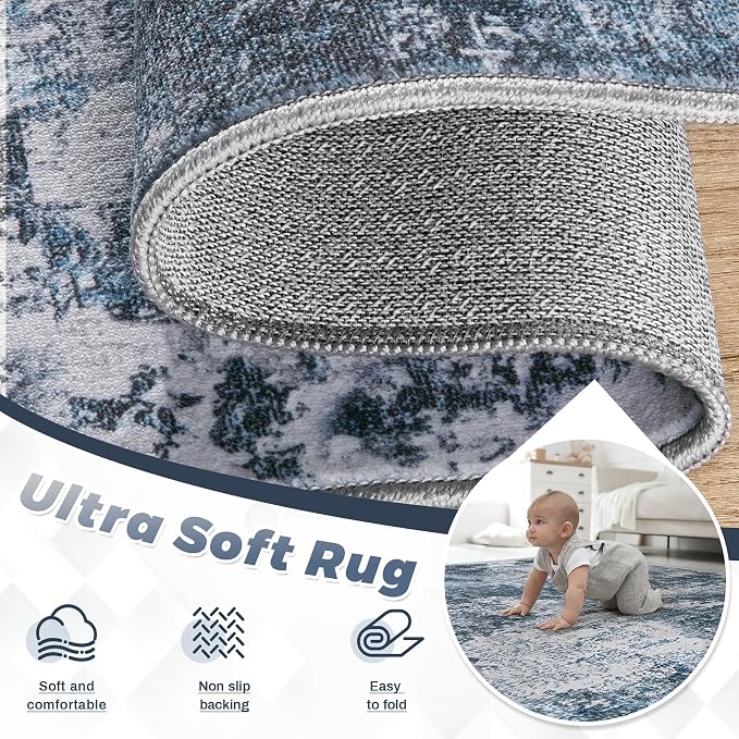 pmtsns Area Rugs 9x12 for Living Room: Washable Rug Modern Abstract Neutral Soft Non-Slip Low-Pile Indoor Large Carpet for Bedroom Dining Room Playroom Home Office (Blue Grey, 9'x12')