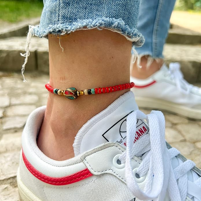 Made by Nami Boho Surfer Anklet Waterproof & Adjustable Beaded Anklets for Women Beachy Ankle Bracelet Made from Waxed Cotton Rope and Beads for Summer and Hippie Style