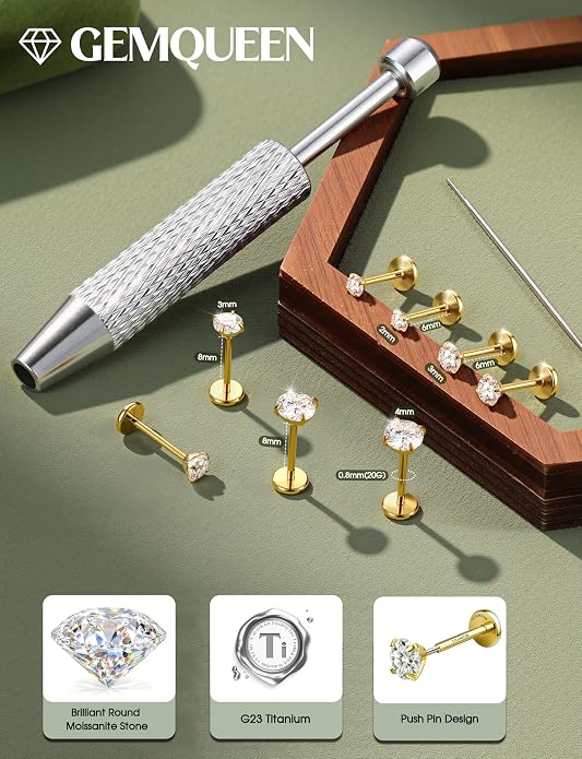 GEMQUEEN 8 PCS Moissanite ＆ Implant Grade G23 Titanium Nose Studs Flat Back Earrings Hypoallergenic : 14K Gold Plated Nose Rings 20G Push in Threadless Cartilage Helix Piercing Jewelry for Women Men