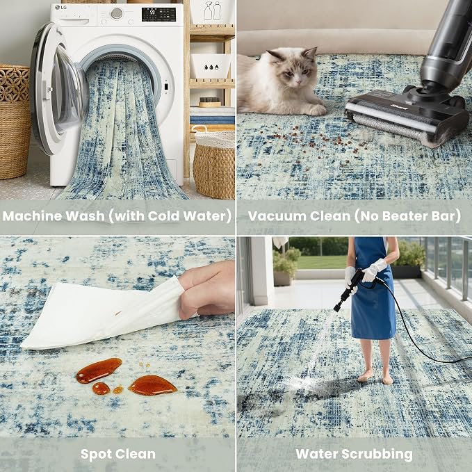 9x12 Area Rugs Washable Rug: Anti-Skid Abstract Modern Living Room Rug Soft Thin Carpets Indoor Floor Non-Shedding Carpet for Bedroom Dining Farmhouse Nursery Home Office (Blue Gray/Gold, 9'x12')