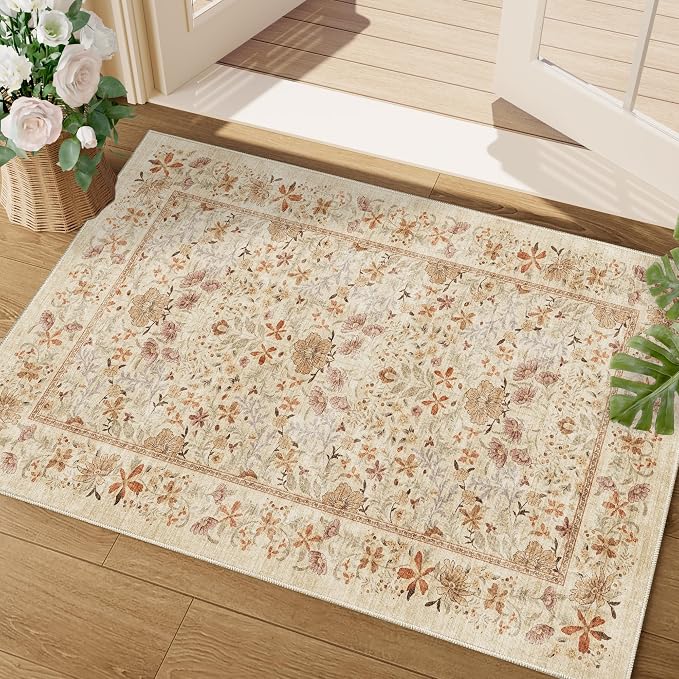 DUKINO 2x3 Entryway Rug, Washable Vintage Floral Area Rug, Beige | Non Slip, Low Pile, Non-Shedding, Soft Indoor Door Mat, Small Front Door Throw Carpet for Bathroom Kitchen Entrance Bedroom