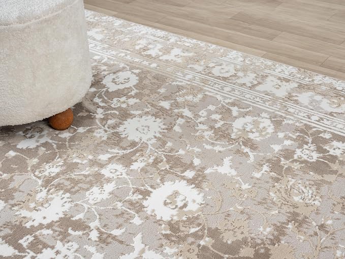 Amber Traditional Floral Area Rug for Living Room, 4x6 Vintage Persian-Inspired Beige Neutral Rug, Medium Pile Stain Resistant Carpet for Bedroom, Dining Room or Kitchen (4' x 6', Beige)