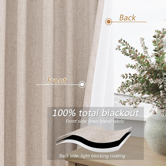 Guken Oatmeal 100% Blackout Curtains 80 Inch Length 2 Panels Set for Living Room Bedroom Back Tab Thermal Insulated Black Out Linen Drapes Room Darkening Window Curtains 80 Inches Long