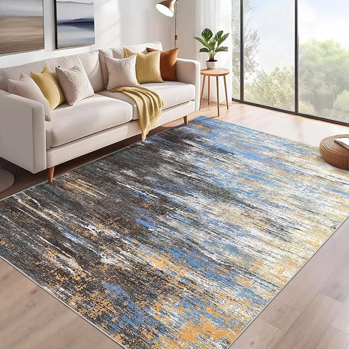 ROYHOME Washable Rug 5x7 Abstract Area Rug for Living Room, Non Slip Foldable Soft Rugs for Bedroom, Stain Resistant Rugs Modern Fuzzy Rug, Indoor Floor Carpet for Entryway Home, Blue/Brown