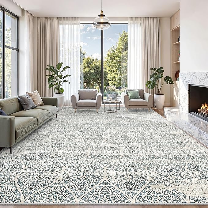 Soalmost 10x14 Area Rug for Living Room, Moroccan Trellis Washable Soft Rug | Stain Resistant Non-Slip Low Pile Natural Extra Large Carpet for Dining Room Bedroom Home Office Nursery Teal Blue, 10'x14'