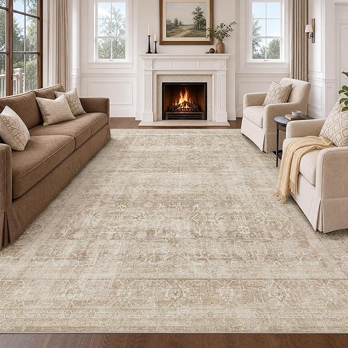 Beauoop 9x12 Washable Beige Neutral Vintage Large Area Rug for Living Room | Distressed Oriental Retro Traditional Non Slip Low Pile Thin Soft Indoor Rug Cream Pattern Bedroom Dining Room Office Nursery