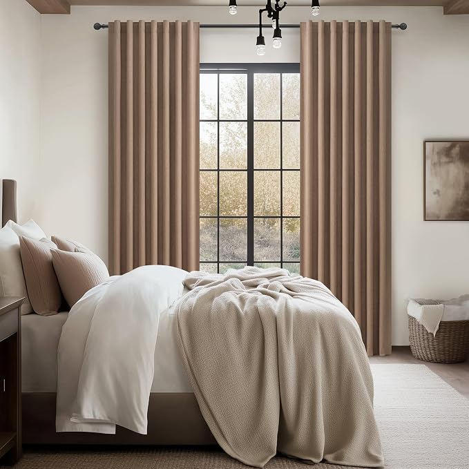 100% Blackout Curtains 86 Inch Length 2 Panels Set Farmhouse Style for Bedroom Windows/Living Room Thermal Insulated Neutral Boho Drapes Linen Blend Chocolate RustBrown Long Hook Belt Pleated