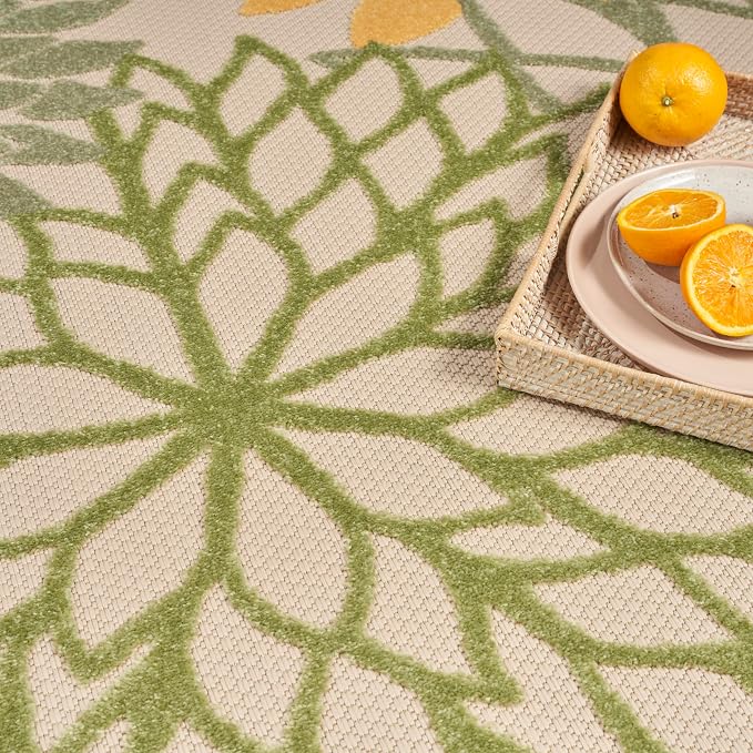 Nourison Home Aloha Indoor/Outdoor Green Multicolor 5'3" x Round Area Rug, Easy Cleaning, Non-Shedding, Bed Room, Living Room, Dining Room, Backyard, Patio, Deck (5 Round)