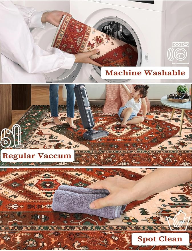 SERISSA Runner Rug for Hallways, 2'6"x14' Washable Non Slip Runner Rug, Extra Long Boho Rug Ultra Soft Vintage Terracotta Green Print Floor Carpet for Bedroom Hallway Entryway Laundry Room