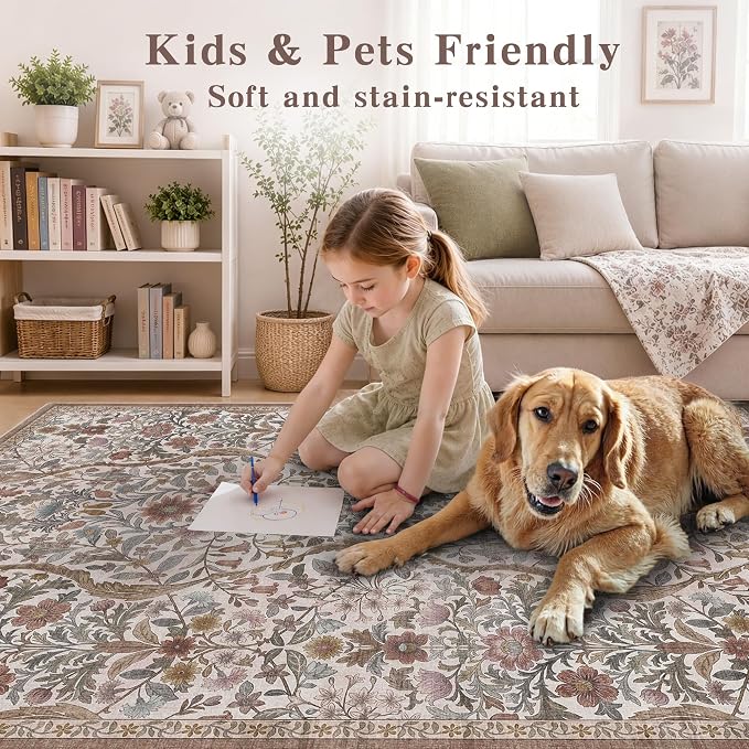 2x6 Washable Runner Rug, Khaki Beige Floral Area Rug for Hallway,Low-Pile Non-Slip Stain Resistant Carpet for Kitchen, Bedside,Laundry Room,Entryway