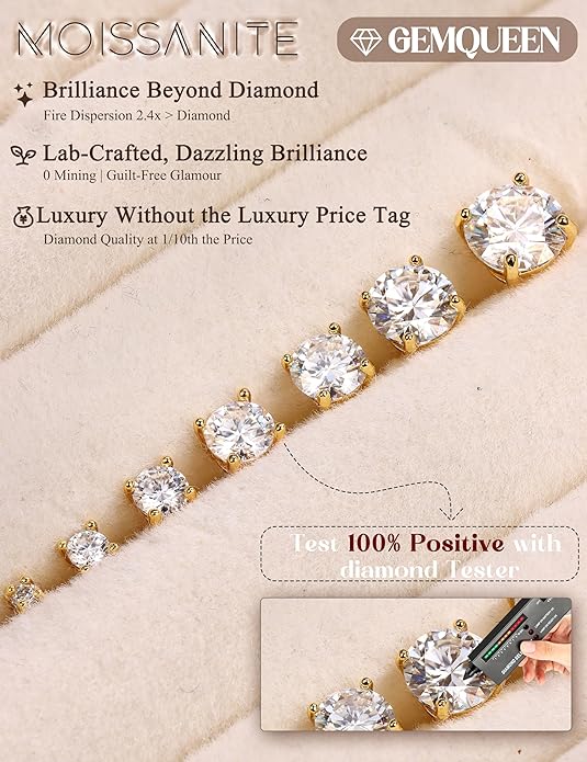 GEMQUEEN Moissanite Earrings Studs : 18K Gold Plated Solid 925 Sterling Silver Stud Earring for Women Men Hypoallergenic Dainty Moissanite Jewelry for Sensitive Ears Round Cut D Color VVS1 2-7.5mm