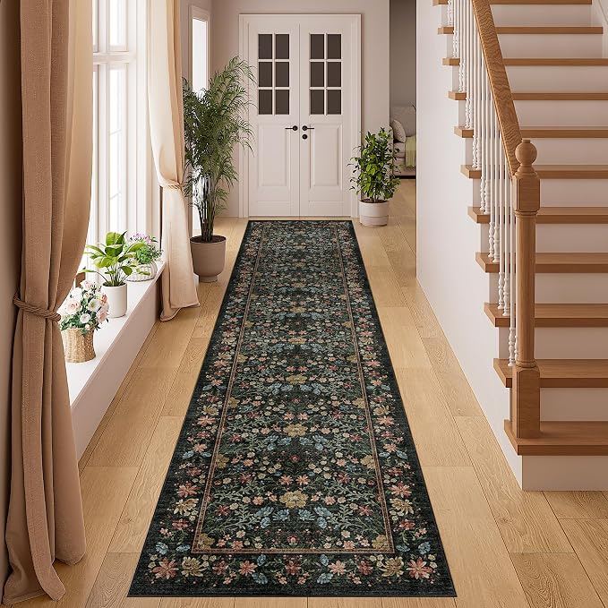 DUKINO 2x8 Runner Rug, Washable Vintage Floral Kitchen Rug, Black | Non Slip, Low Pile, Non-Shedding, Stain Resistant Aesthetic Soft Carpet Runner for Hallway Bathroom Laundry Bedroom Entryway