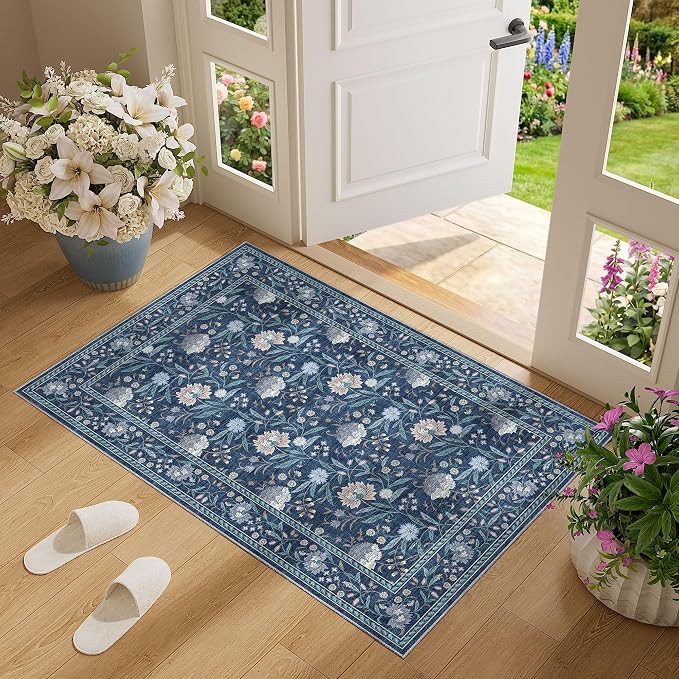DUKINO 2x3 Rug, Washable Vintage Floral Bathroom Rugs Non Slip, Dark Blue | Low Pile, Stain Resistant Boho Soft Indoor Door Mat, Small Front Door Carpet for Entryway Kitchen Laundry Bedroom Farmhouse