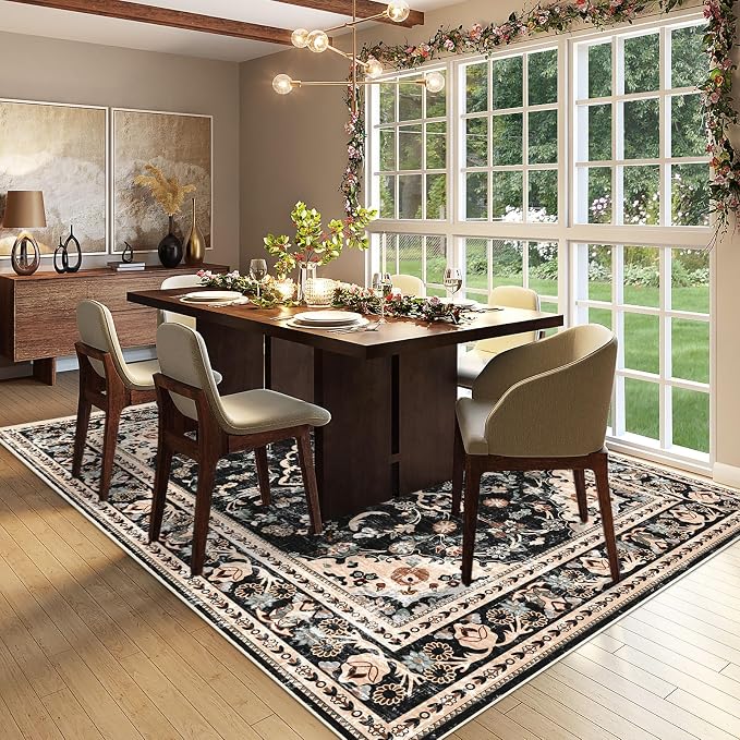 Vhong Washable Area Rugs Boho Vintage Modern Neutral Large Carpet Black and Brown 5×7 High Traffic Rugs for Dinning Room Living Room Bedroom Farmhouse Non Slip