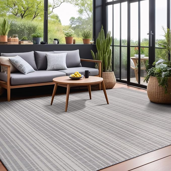 Luul Home Stripe Outdoor Rug 6x9 Washable Outside Carpet for Indoor Patio Porch Waterproof Easy Cleaning Non Shedding Area Rugs Gray 6 x 9