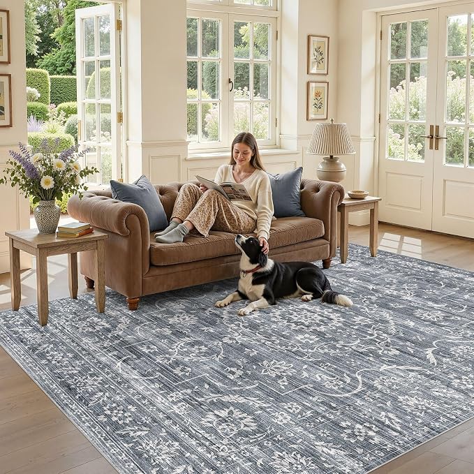 Nakagishi 6x9 Area Rugs Living Room: Washable Large Vintage Rug Neutral Non-Slip Soft Stain Resistant Indoor Carpet for Bedroom Nursery Dining Room Office Playroom - Retro Blue