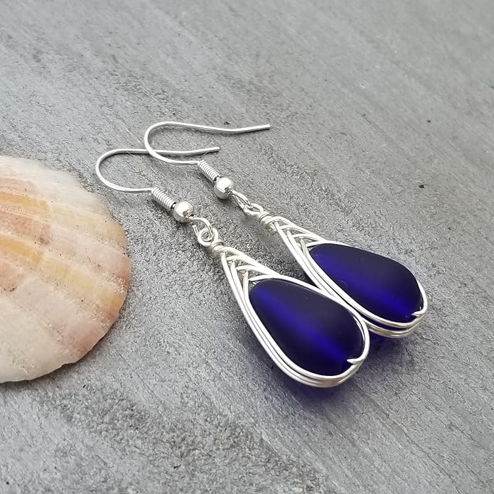 Handmade Sea Glass Earrings, Hawaiian Jewelry, Wire Braided Earrings Teardrop Earrings, Beach Jewelry Sea Glass Jewelry For Women Birthday Gift