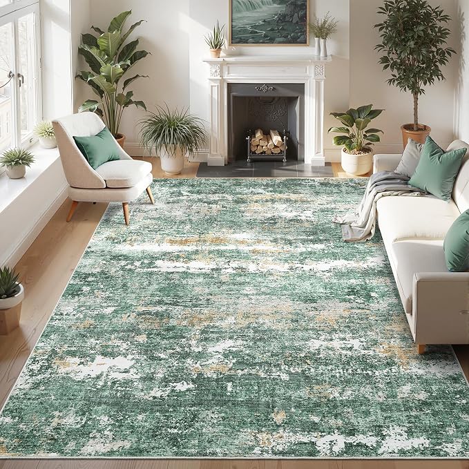 ROYHOME 8x10 Area Rugs Machine Washable Rug for Living Room Modern Abstract Carpet for Bedroom Farmhouse Indoor Large Floor Carpet with Non Slip Backing Stain Resistant Green