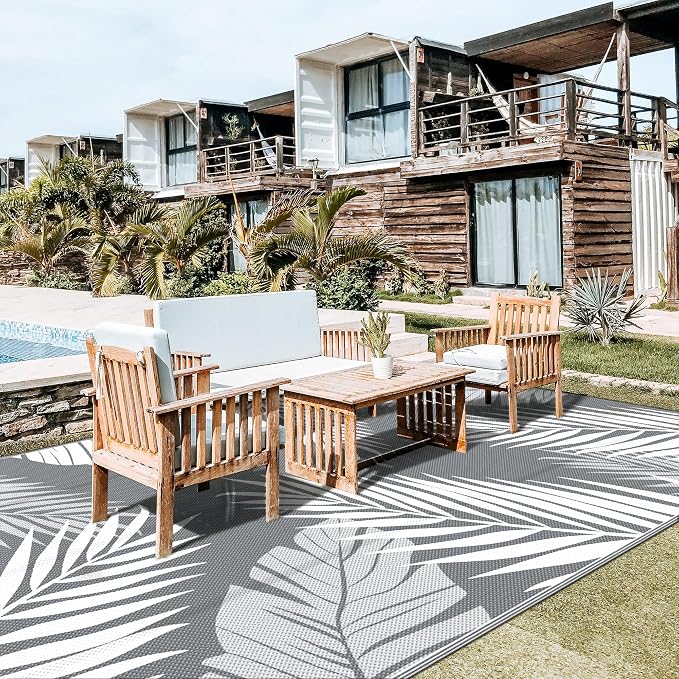 GENIMO Outdoor Rug, Waterproof Plastic Rugs 10'x20' for Camping Grey White | Outside Larger Leaf Carpet Mat for Patio Decor, RV, Porch, Camper, Deck, Picnic, Beach, Backyard, Reversible, Foldable
