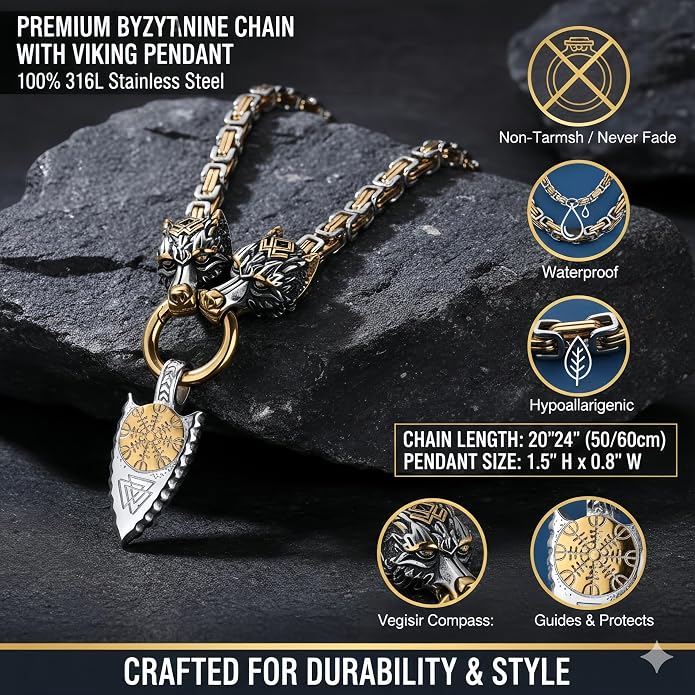 ROWIN&CO Viking Necklace for Men, Stainless Steel Nordic Runes Wolf Head Spearhead & Trinity Knot Pendant with Byzantine Chain Amulet, Norse Mythology Pagan Gothic Biker Jewelry Gift