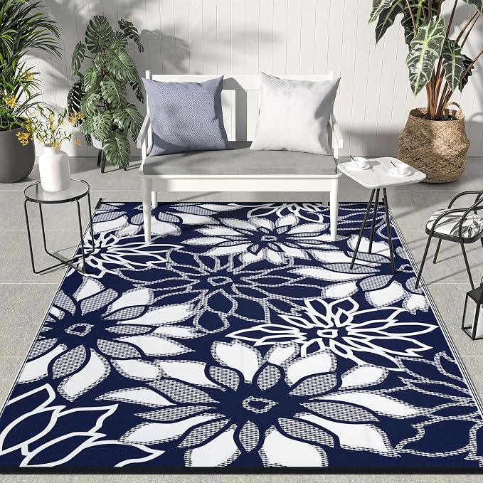 GENIMO Outdoor Rug, Waterproof Plastic Rugs for Patio, 5'x8' Ocean White | Outside Larger Leaf Carpet Mat for Porch Decor, Deck, Balcony, Camping, RV, Backyard, Picnic, Beach, Reversible, Foldable