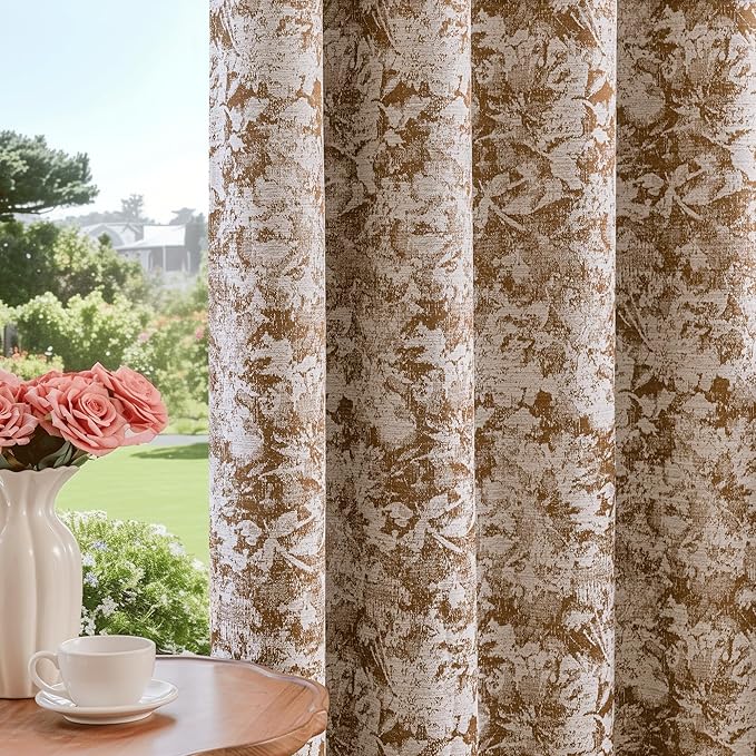 Beauoop Brown Floral Jacquard Blackout Curtains for Bedroom 52x96 2 Panels | Flower Chenille Room Darkening Drapes for Living Room 96 Inch Long Thermal Insulated Soundproof Window treatment Grommet