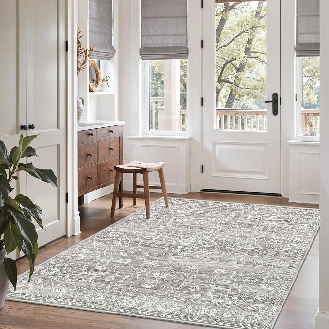 Soalmost Area Rugs 4x6 for Living Room, Washable Neutral Soft Rugs Grey | Floral Vintage Non-Slip Throw Carpet for Dining Room, Entryway, Kitchen, Farmhouse 4'x6'