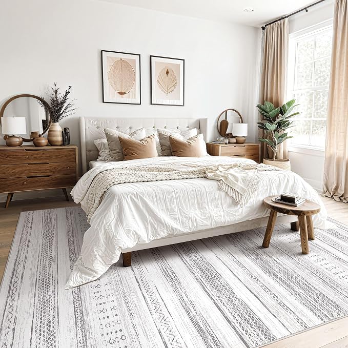 Tortania Area Rug Living Room Rugs - 5x7 Washable Large Soft Neutral Boho Moroccan Bohemian Farmhouse Rug Indoor Floor Carpet for Bedroom Under Dining Table Home Office Decor - Light Grey