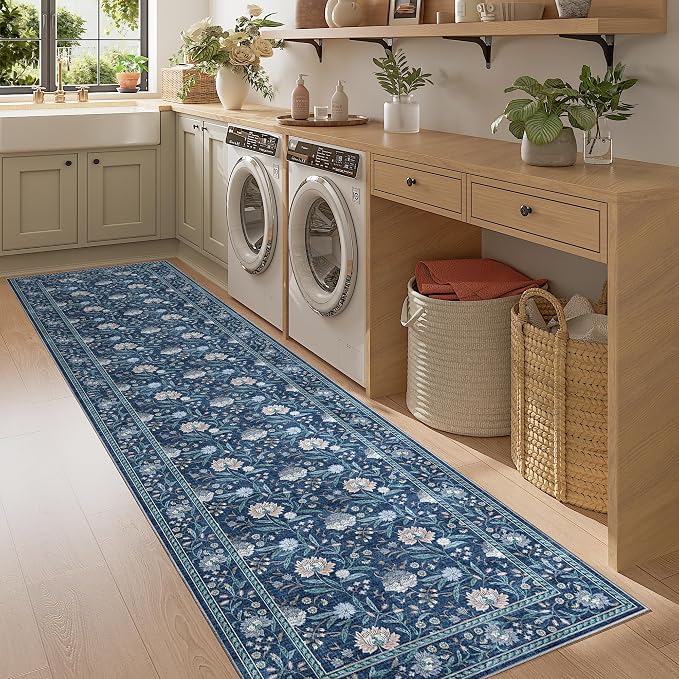 DUKINO 2x8 Runner Rug, Washable Vintage Floral Kitchen Rugs, Dark Blue | Non Slip, Low Pile, Stain Resistant Aesthetic Soft Carpet Runner for Hallway Bathroom Entryway Bedroom Farmhouse Laundry Room